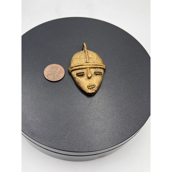 Tribal African Brass Face Mask Molted Wax Primitive Carved Handmade Pendant - Picture 4 of 6